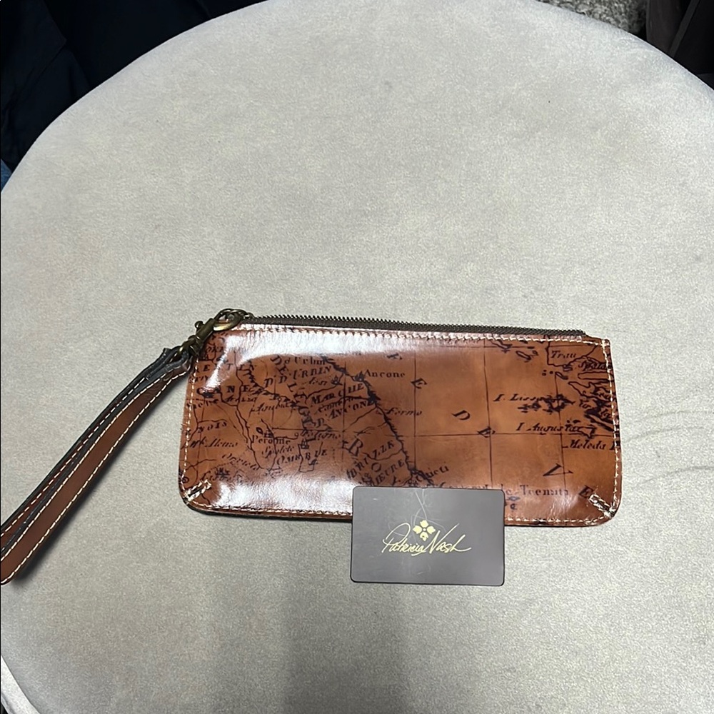 Patricia Nash Tan Leather Wristlet with Map Design